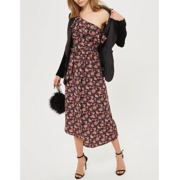 Topshop Dresses & Skirts - TOPSHOP Print Ruffle One-Shoulder Midi Dress